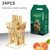 24pcs Gold/Silver Dinnerware Set Stainless Steel Tableware Knives Fork Spoon Rack Cutlery Set