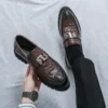 Men’s Exotic Crocodile Pattern Leather Slip On With Ornate Metal Buckle